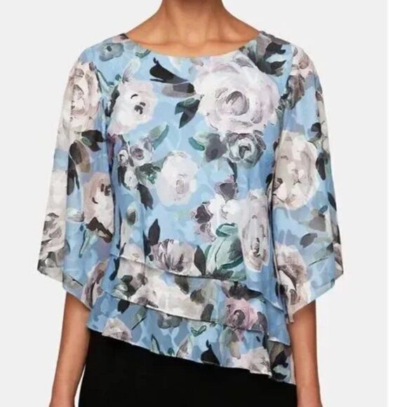 Alex Evenings tiered Asymmetrical hem Blue floral blouse size 3X - Picture 3 of 14